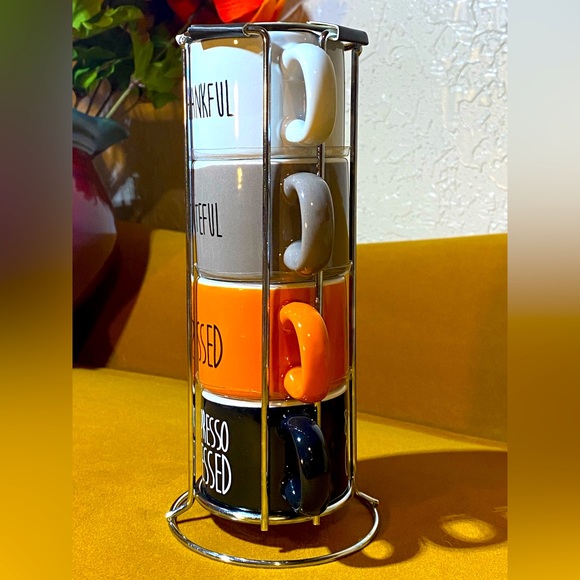 Set of 4 Espresso Mugs w/Metal Rack - Picture 2 of 3